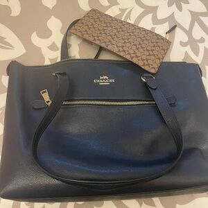 Coach Blue Leather Tote with Gold Accents